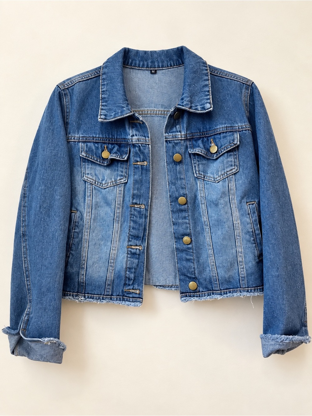 Unbranded Medium Wash Cropped Denim Jacket Raw Hem Size M